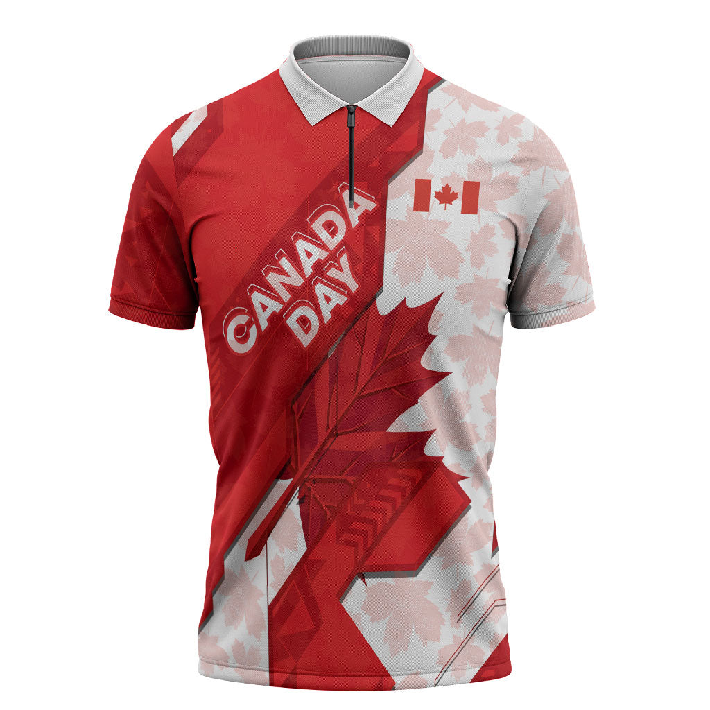 Canada Day Patriotic Maple Leaf Zipper Polo Shirt Geometric Rocky Mountain Art Heritage 1867 Graphic
