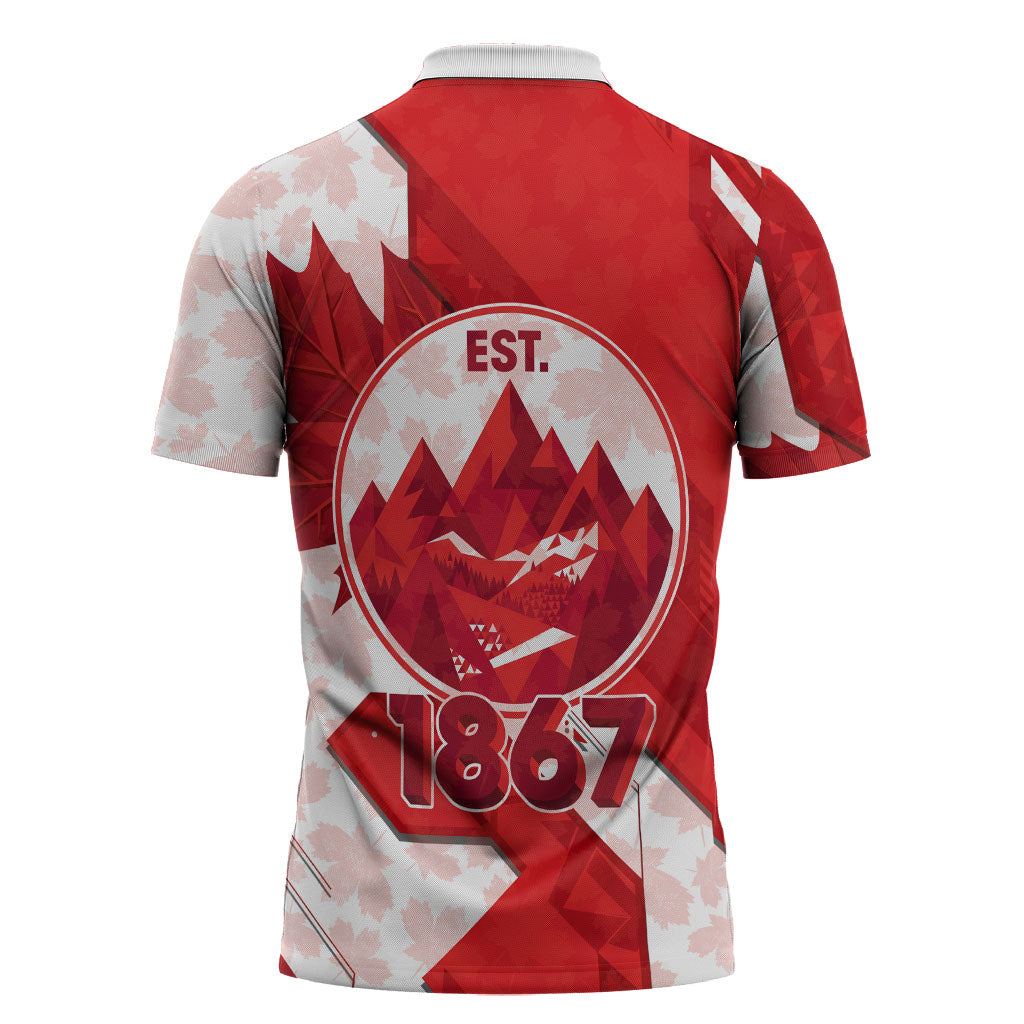 Canada Day Patriotic Maple Leaf Zipper Polo Shirt Geometric Rocky Mountain Art Heritage 1867 Graphic