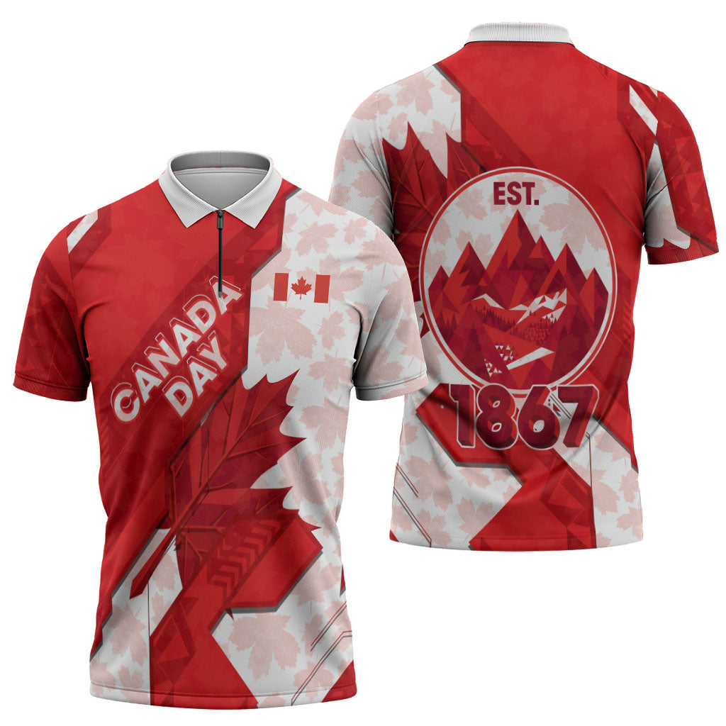 Canada Day Patriotic Maple Leaf Zipper Polo Shirt Geometric Rocky Mountain Art Heritage 1867 Graphic
