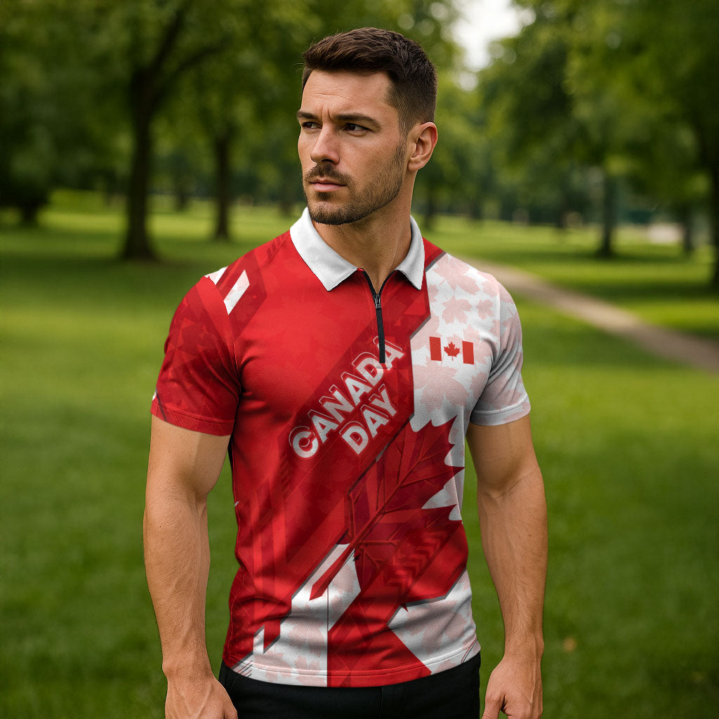 Canada Day Patriotic Maple Leaf Zipper Polo Shirt Geometric Rocky Mountain Art Heritage 1867 Graphic