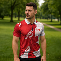 Canada Day Patriotic Maple Leaf Zipper Polo Shirt Geometric Rocky Mountain Art Heritage 1867 Graphic