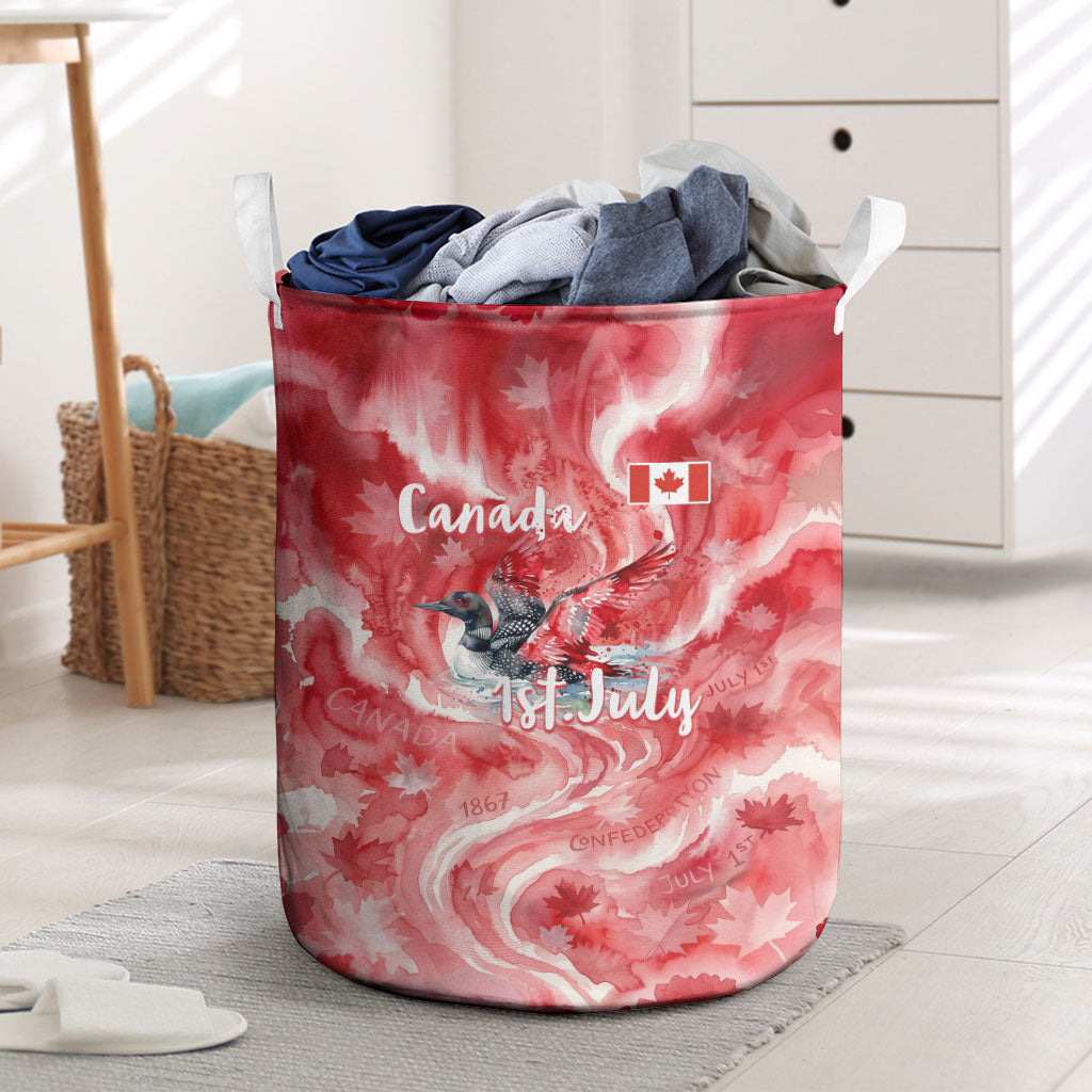 Canada Day Loon And Maple Leaf Laundry Basket Watercolor Nature Scenery Mari Usque Ad Mare Artistic