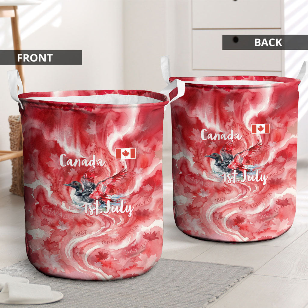 Canada Day Loon And Maple Leaf Laundry Basket Watercolor Nature Scenery Mari Usque Ad Mare Artistic