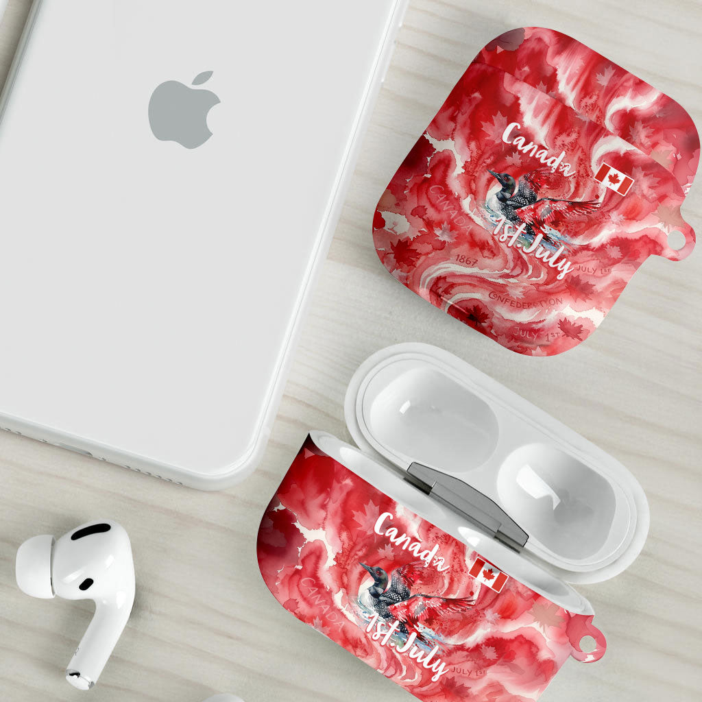 Canada Day Loon And Maple Leaf AirPods Case Watercolor Nature Scenery Mari Usque Ad Mare Artistic