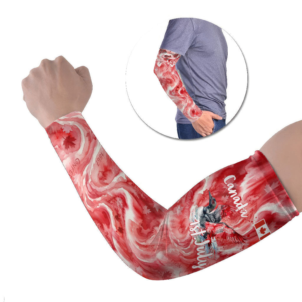 Canada Day Loon And Maple Leaf Arm Sleeves Watercolor Nature Scenery Mari Usque Ad Mare Artistic