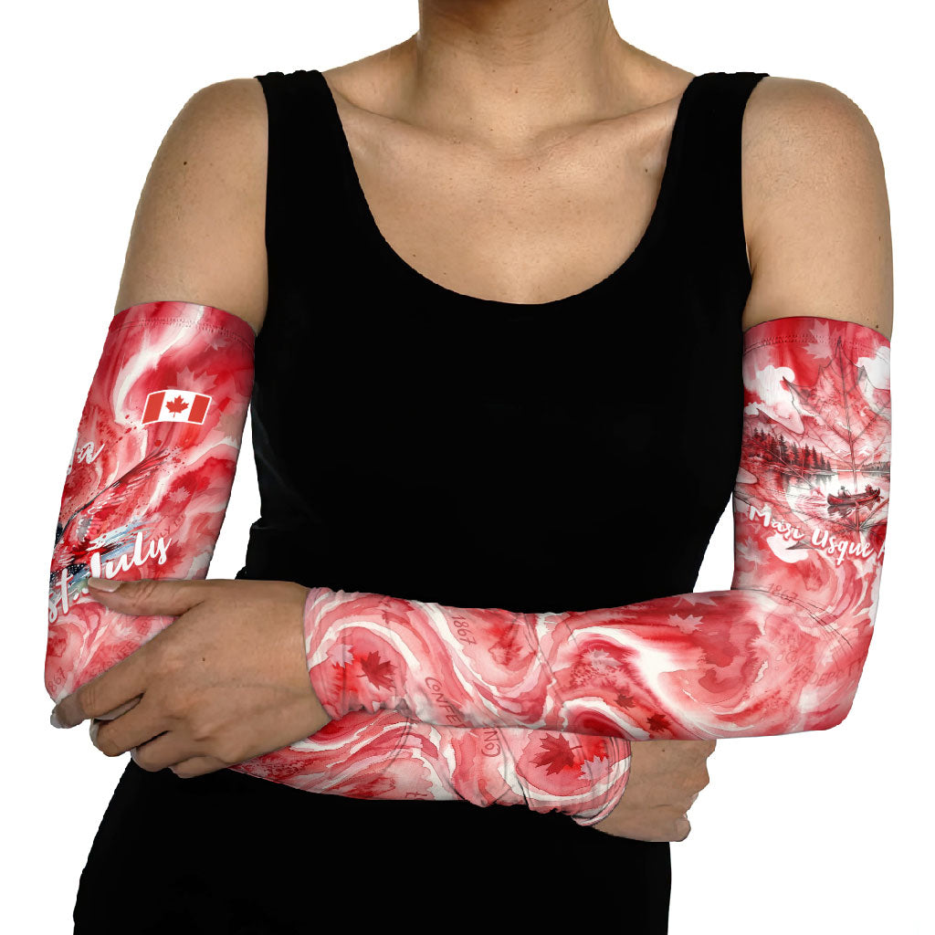 Canada Day Loon And Maple Leaf Arm Sleeves Watercolor Nature Scenery Mari Usque Ad Mare Artistic