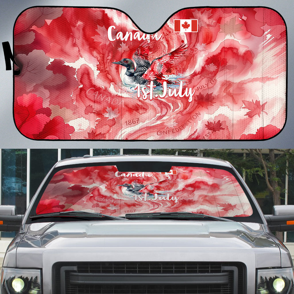 Canada Day Loon And Maple Leaf Auto Sun Shade Watercolor Nature Scenery Mari Usque Ad Mare Artistic