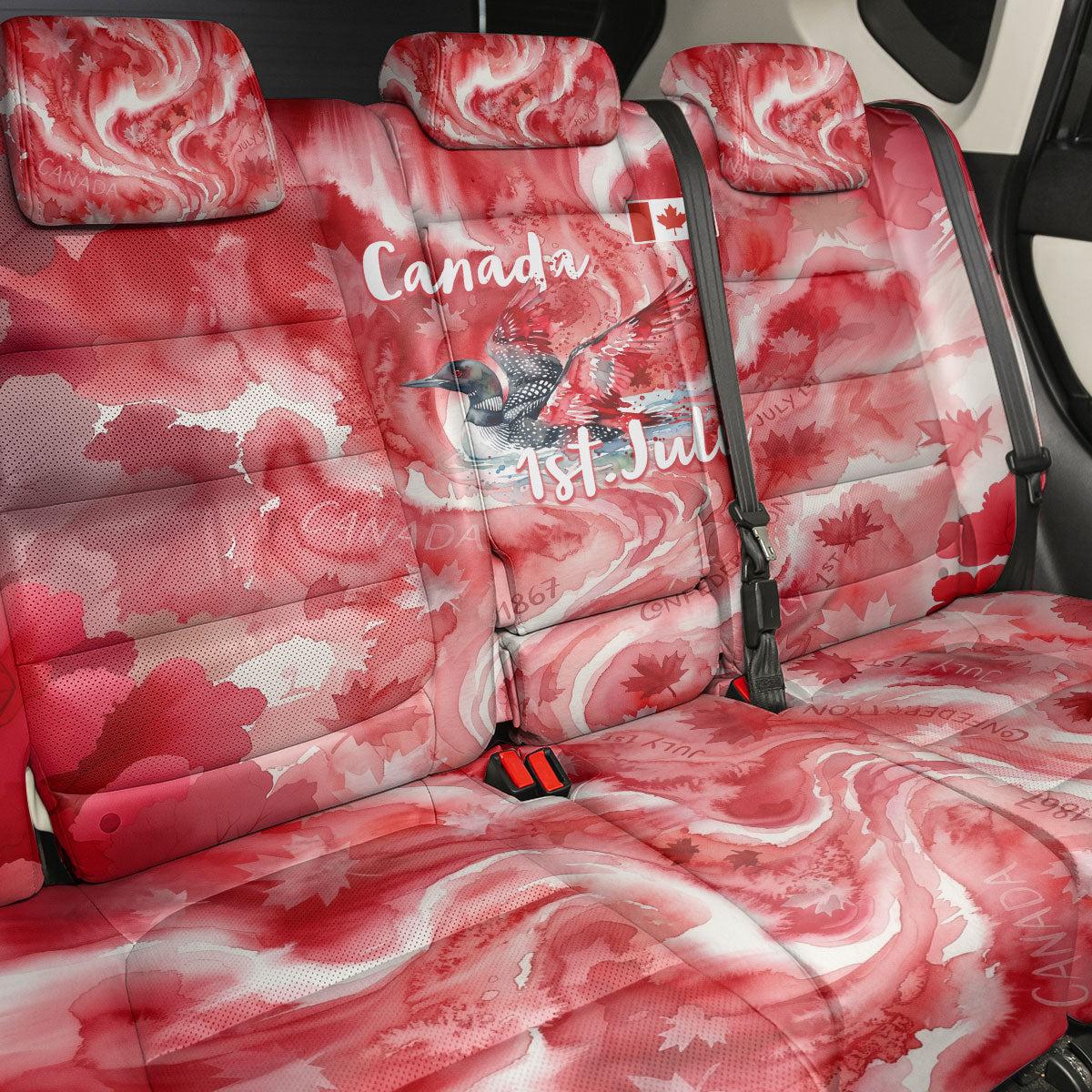 Canada Day Loon And Maple Leaf Back Car Seat Cover Watercolor Nature Scenery Mari Usque Ad Mare Artistic