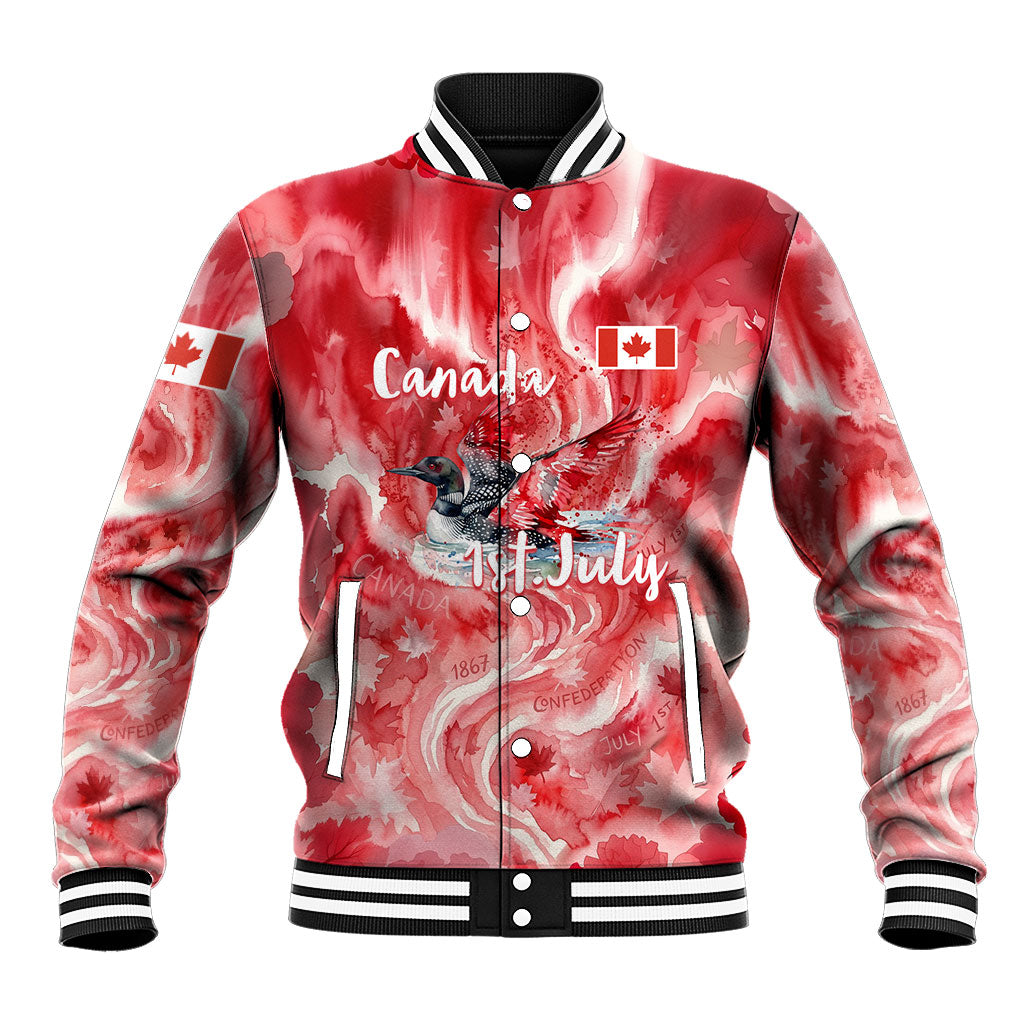 Canada Day Loon And Maple Leaf Baseball Jacket Watercolor Nature Scenery Mari Usque Ad Mare Artistic