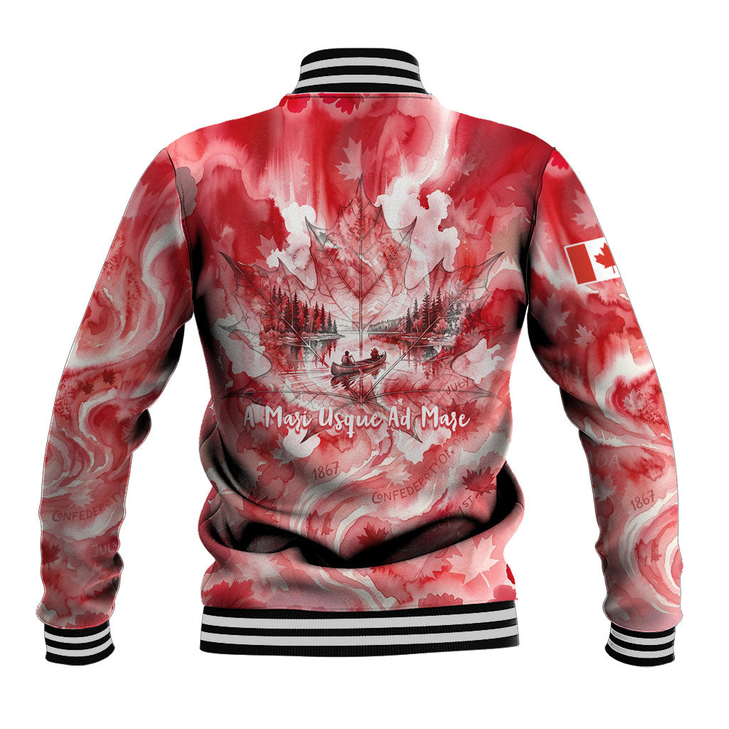 Canada Day Loon And Maple Leaf Baseball Jacket Watercolor Nature Scenery Mari Usque Ad Mare Artistic
