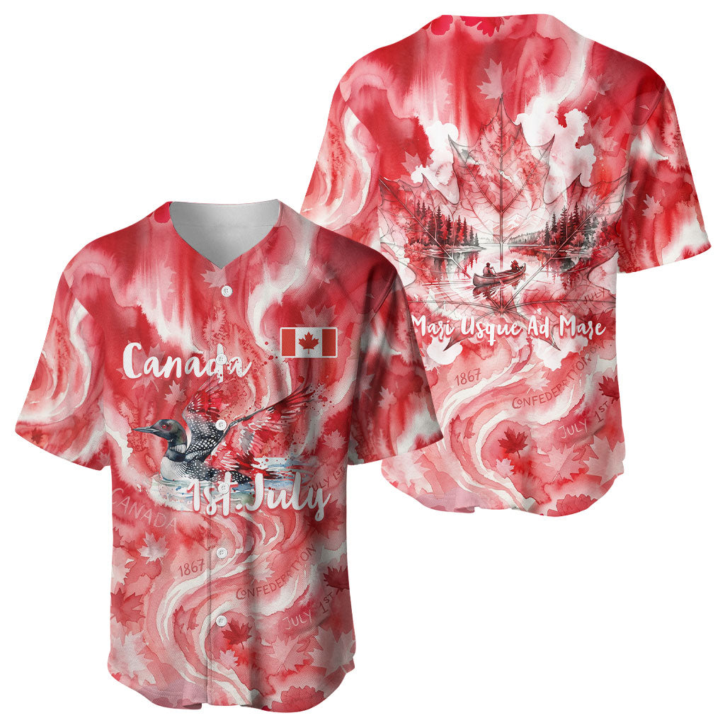 Canada Day Loon And Maple Leaf Baseball Jersey Watercolor Nature Scenery Mari Usque Ad Mare Artistic