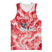 Canada Day Loon And Maple Leaf Basketball Jersey Watercolor Nature Scenery Mari Usque Ad Mare Artistic