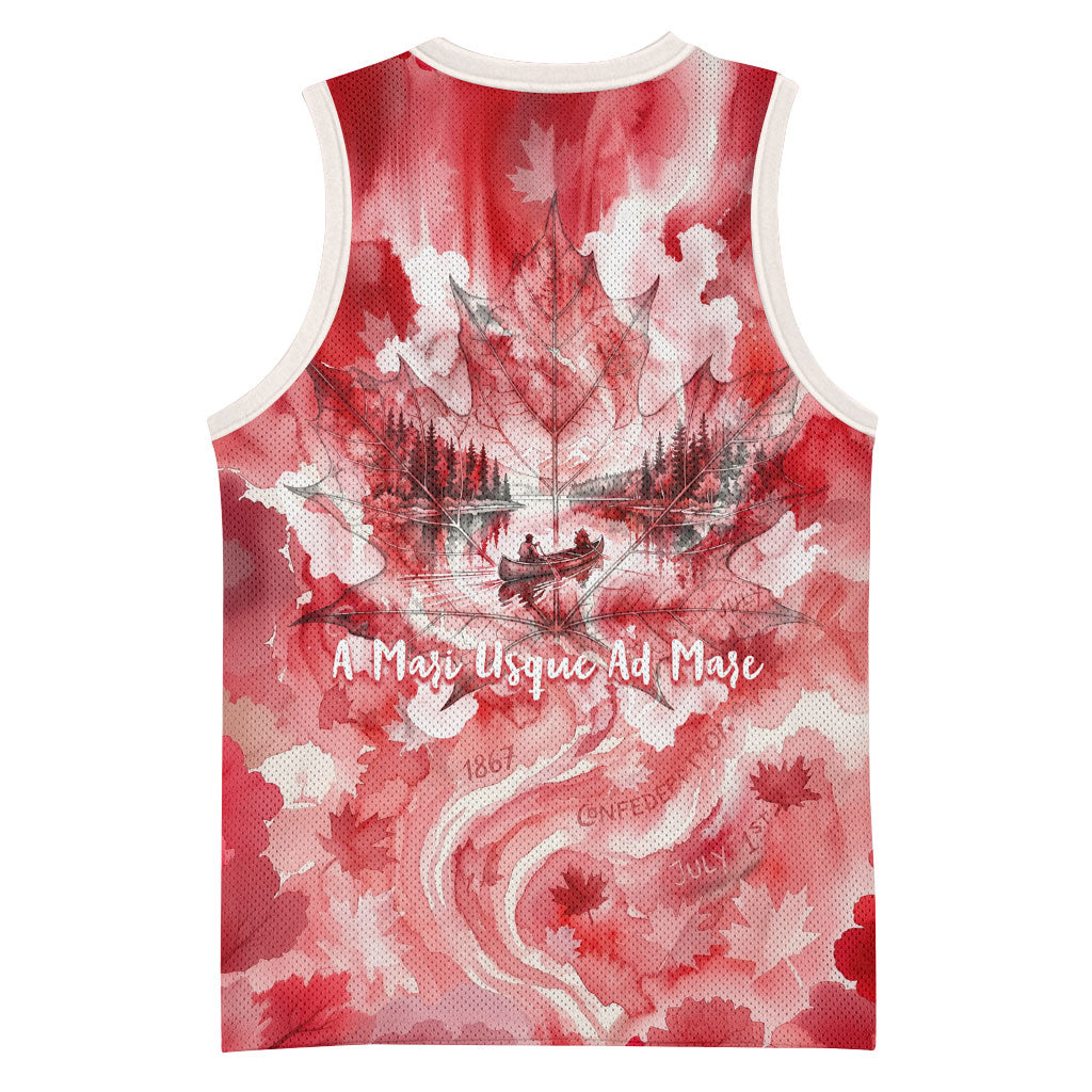 Canada Day Loon And Maple Leaf Basketball Jersey Watercolor Nature Scenery Mari Usque Ad Mare Artistic