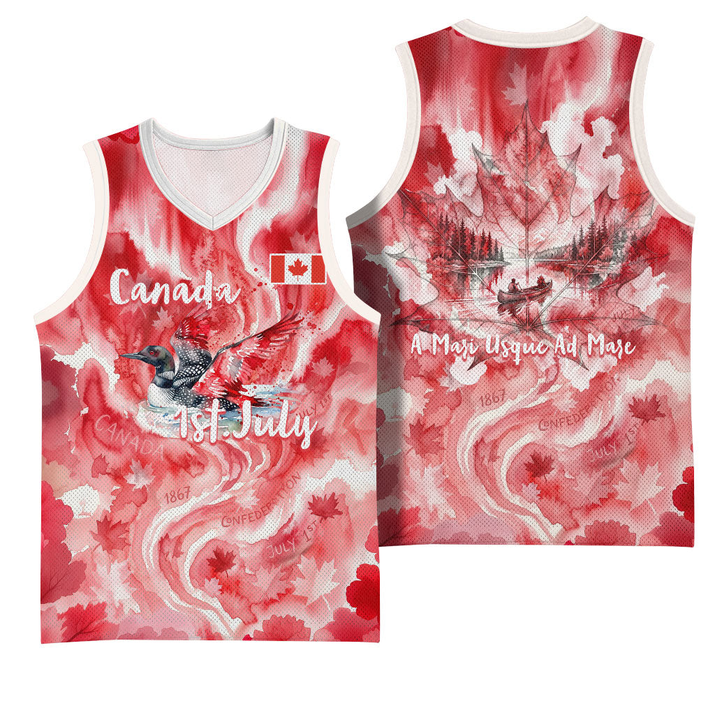 Canada Day Loon And Maple Leaf Basketball Jersey Watercolor Nature Scenery Mari Usque Ad Mare Artistic