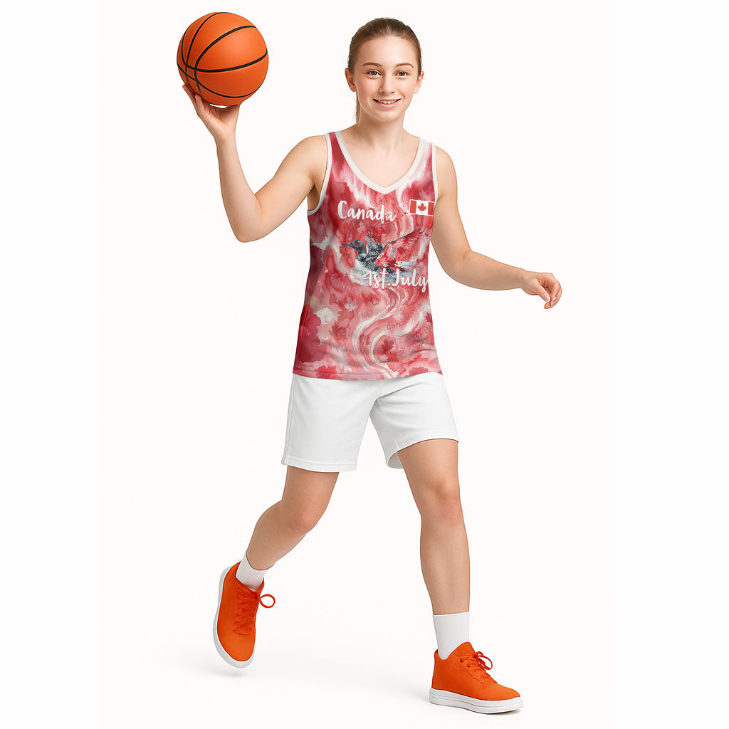 Canada Day Loon And Maple Leaf Basketball Jersey Watercolor Nature Scenery Mari Usque Ad Mare Artistic