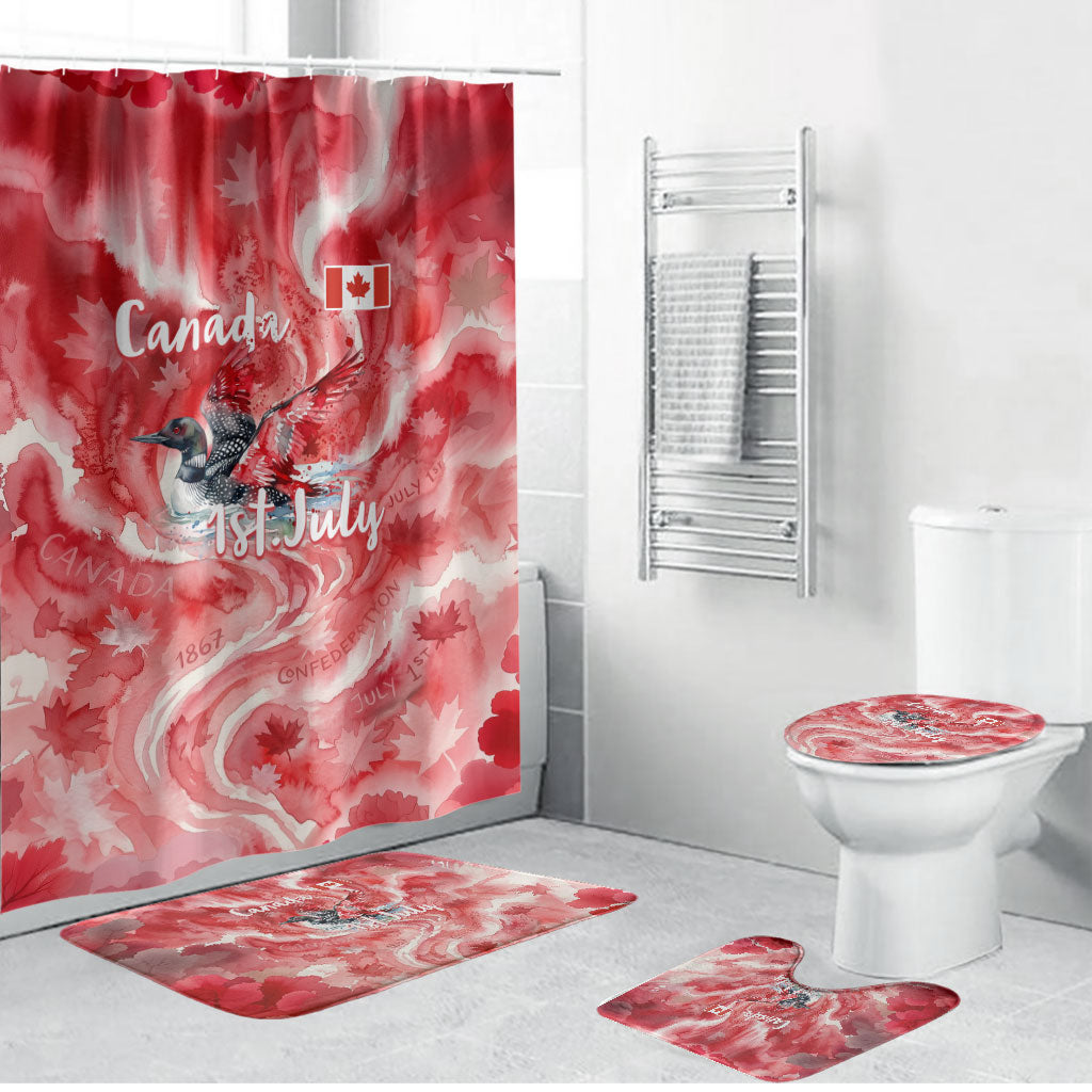 Canada Day Loon And Maple Leaf Bathroom Set Watercolor Nature Scenery Mari Usque Ad Mare Artistic