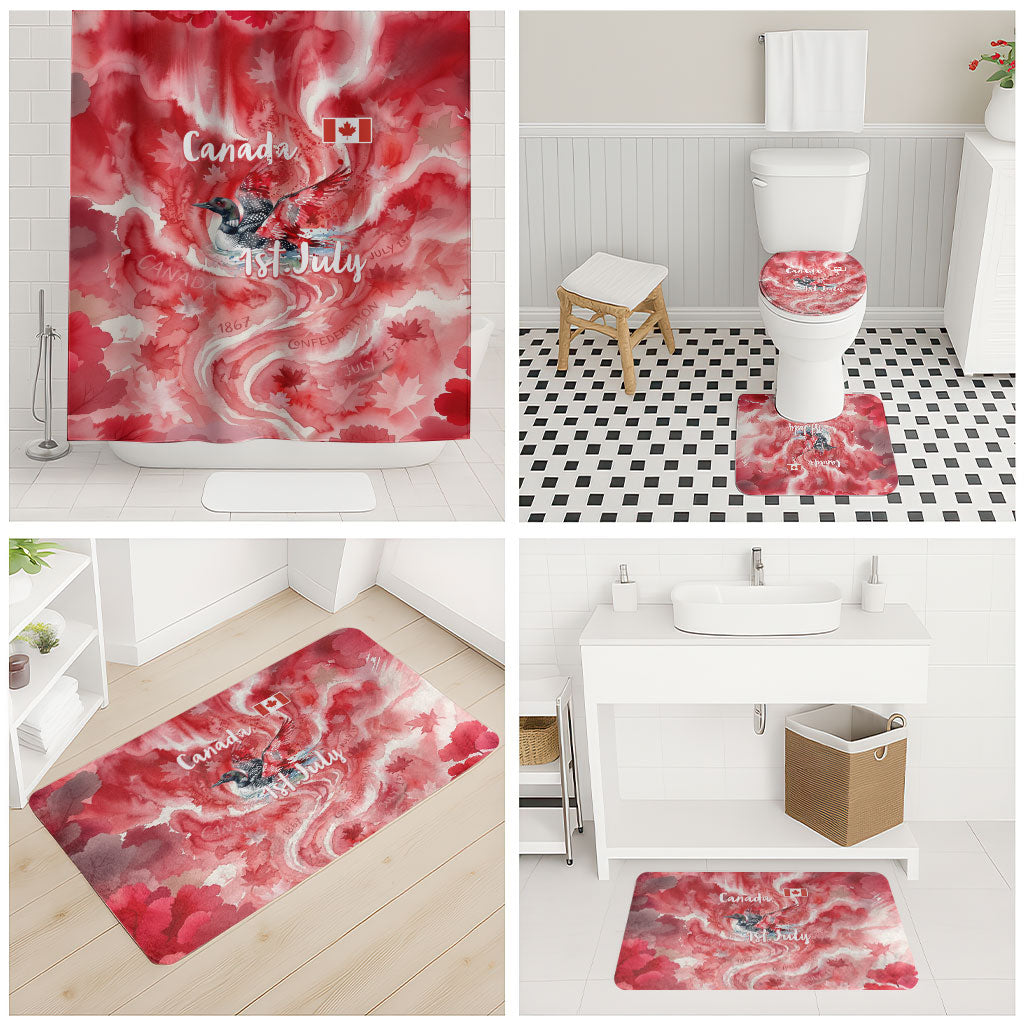 Canada Day Loon And Maple Leaf Bathroom Set Watercolor Nature Scenery Mari Usque Ad Mare Artistic