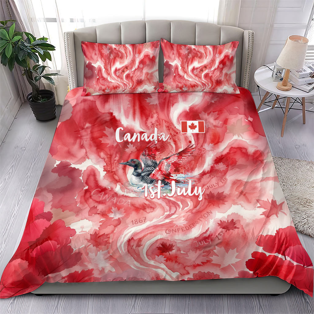 Canada Day Loon And Maple Leaf Bedding Set Watercolor Nature Scenery Mari Usque Ad Mare Artistic