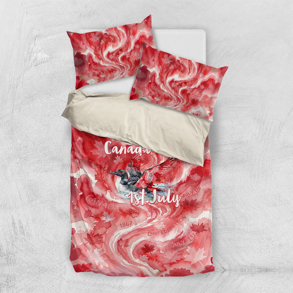 Canada Day Loon And Maple Leaf Bedding Set Watercolor Nature Scenery Mari Usque Ad Mare Artistic