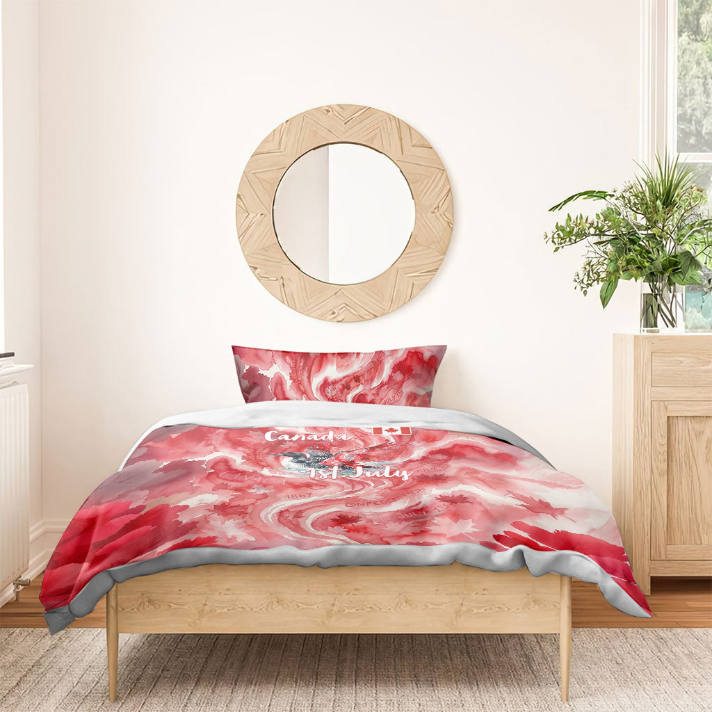 Canada Day Loon And Maple Leaf Bedding Set Watercolor Nature Scenery Mari Usque Ad Mare Artistic