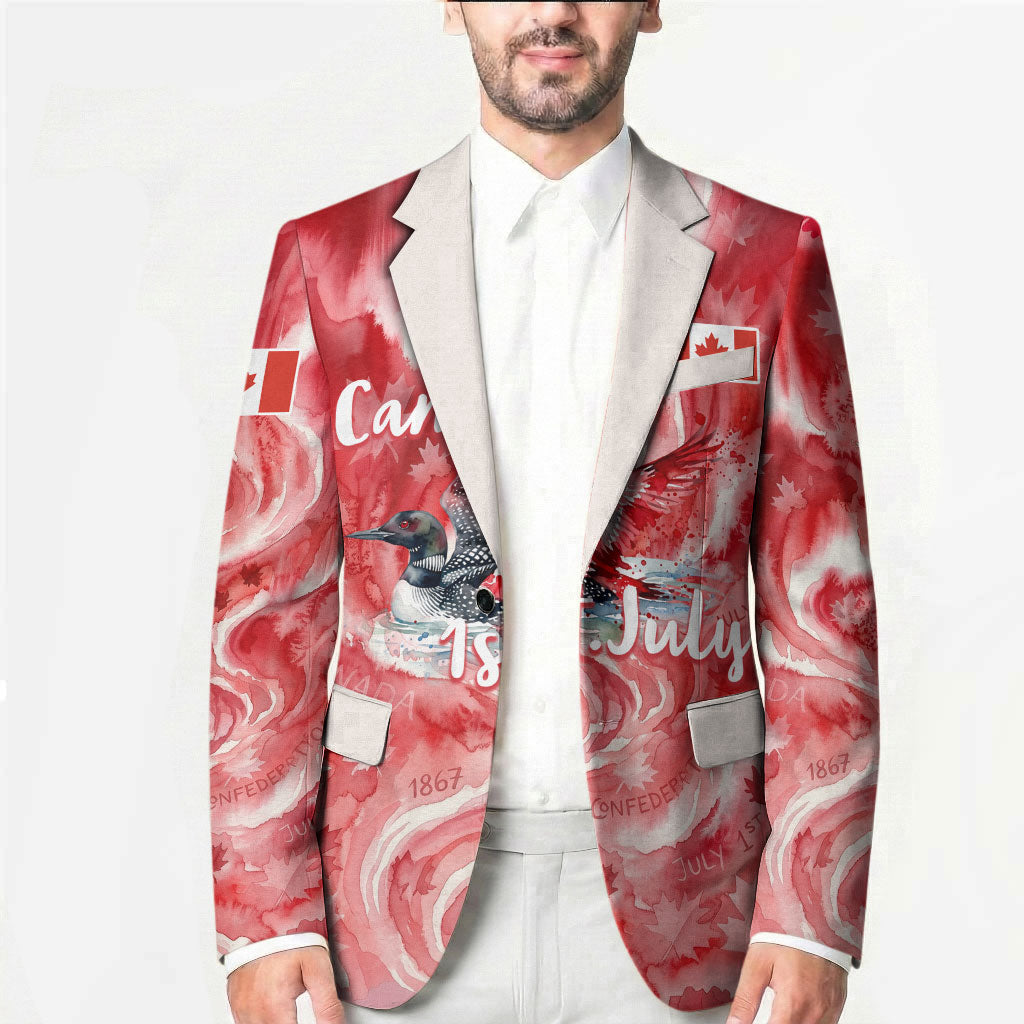 Canada Day Loon And Maple Leaf Blazer Watercolor Nature Scenery Mari Usque Ad Mare Artistic