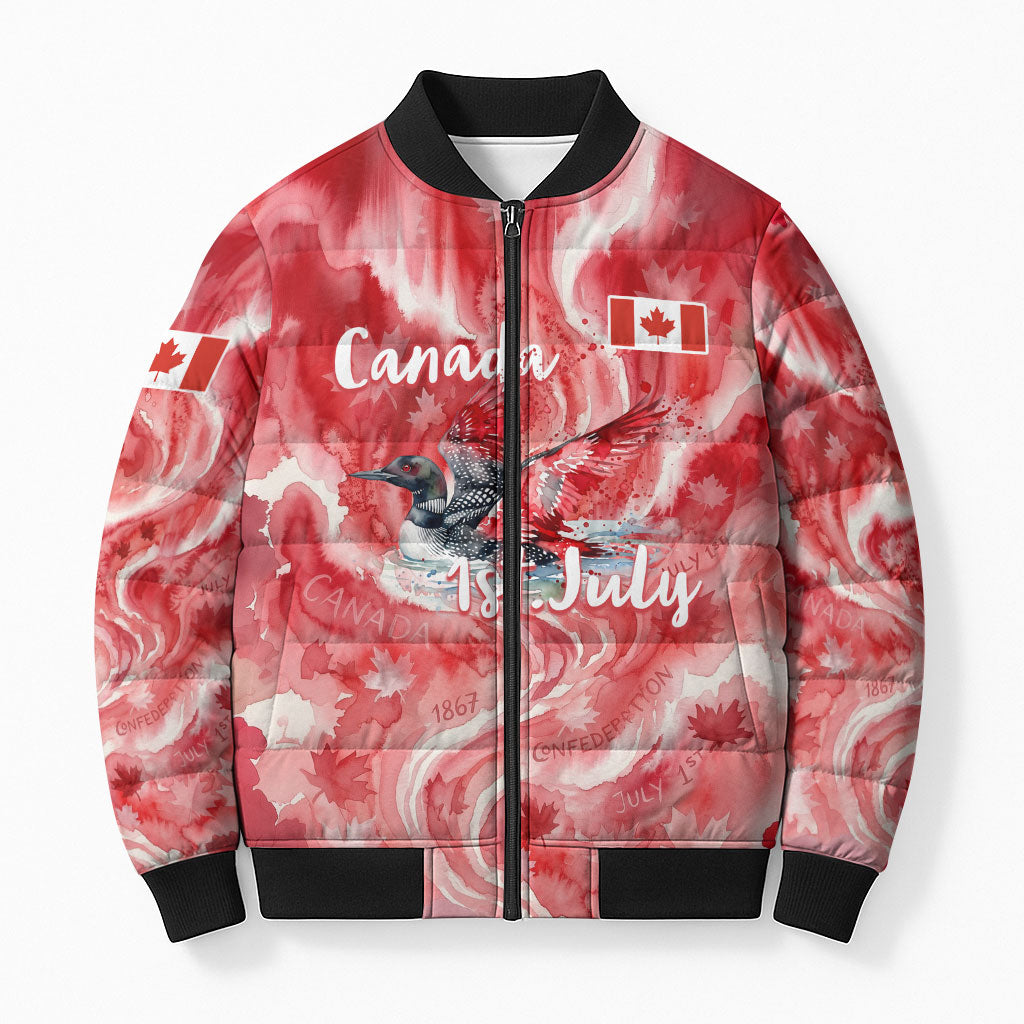 Canada Day Loon And Maple Leaf Bomber Puffer Jacket Watercolor Nature Scenery Mari Usque Ad Mare Artistic