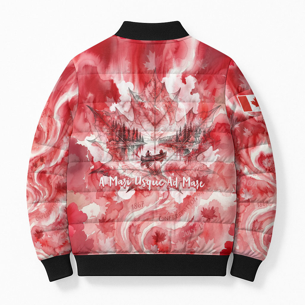 Canada Day Loon And Maple Leaf Bomber Puffer Jacket Watercolor Nature Scenery Mari Usque Ad Mare Artistic