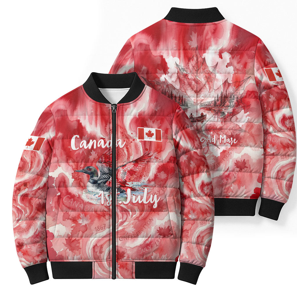 Canada Day Loon And Maple Leaf Bomber Puffer Jacket Watercolor Nature Scenery Mari Usque Ad Mare Artistic