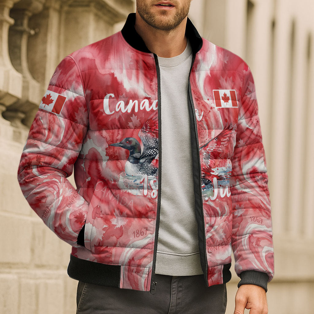 Canada Day Loon And Maple Leaf Bomber Puffer Jacket Watercolor Nature Scenery Mari Usque Ad Mare Artistic