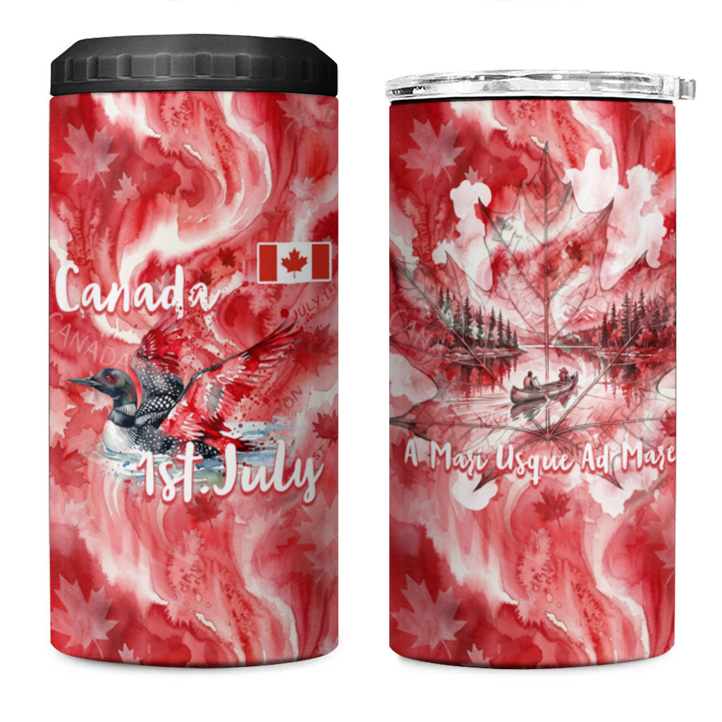 Canada Day Loon And Maple Leaf 4 in 1 Can Cooler Tumbler Watercolor Nature Scenery Mari Usque Ad Mare Artistic