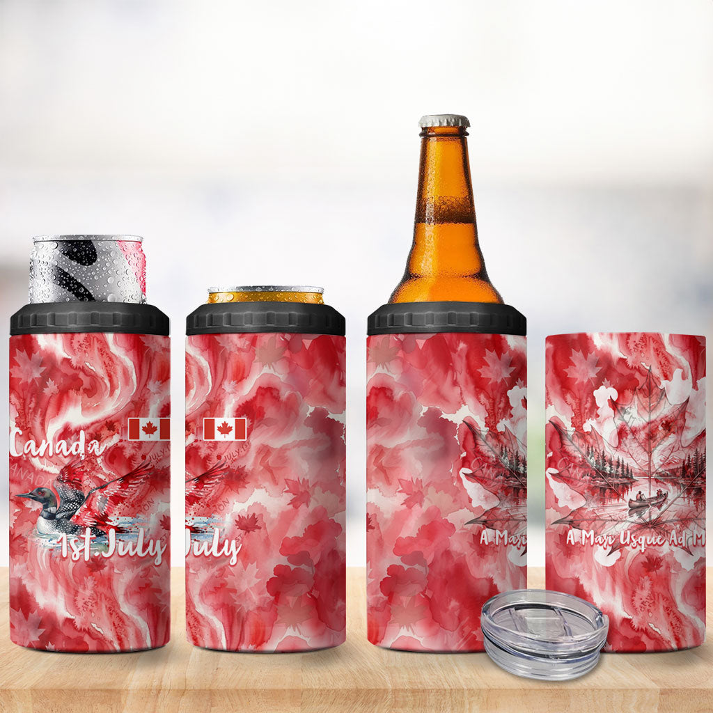 Canada Day Loon And Maple Leaf 4 in 1 Can Cooler Tumbler Watercolor Nature Scenery Mari Usque Ad Mare Artistic