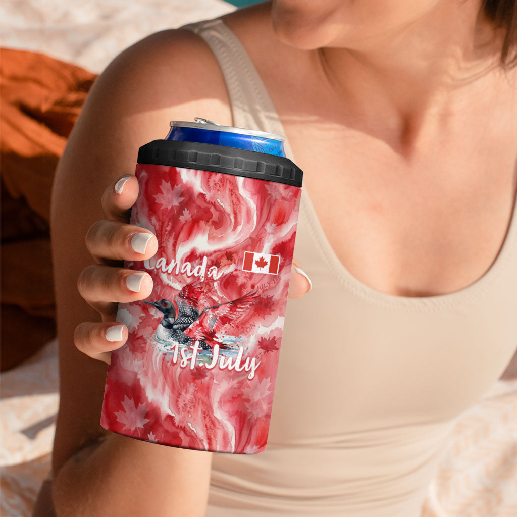 Canada Day Loon And Maple Leaf 4 in 1 Can Cooler Tumbler Watercolor Nature Scenery Mari Usque Ad Mare Artistic