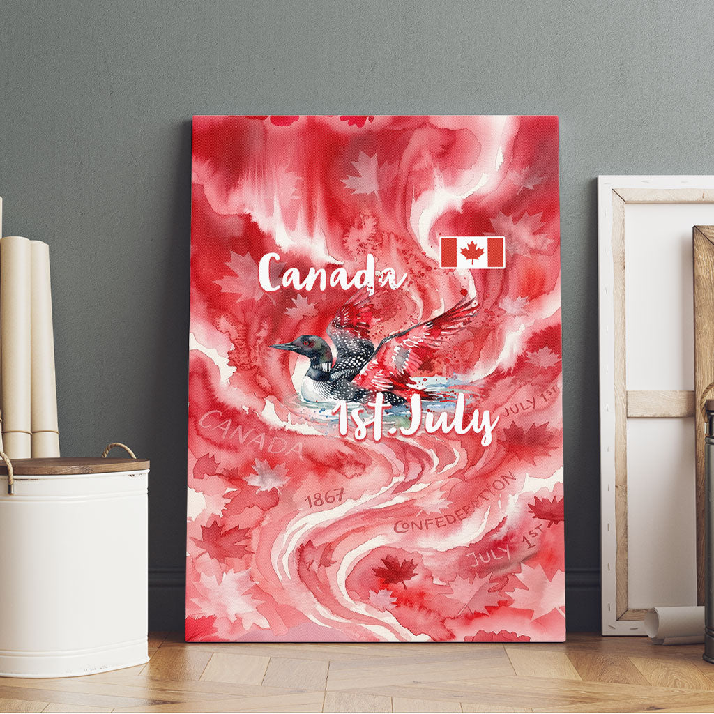 Canada Day Loon And Maple Leaf Canvas Wall Art Watercolor Nature Scenery Mari Usque Ad Mare Artistic