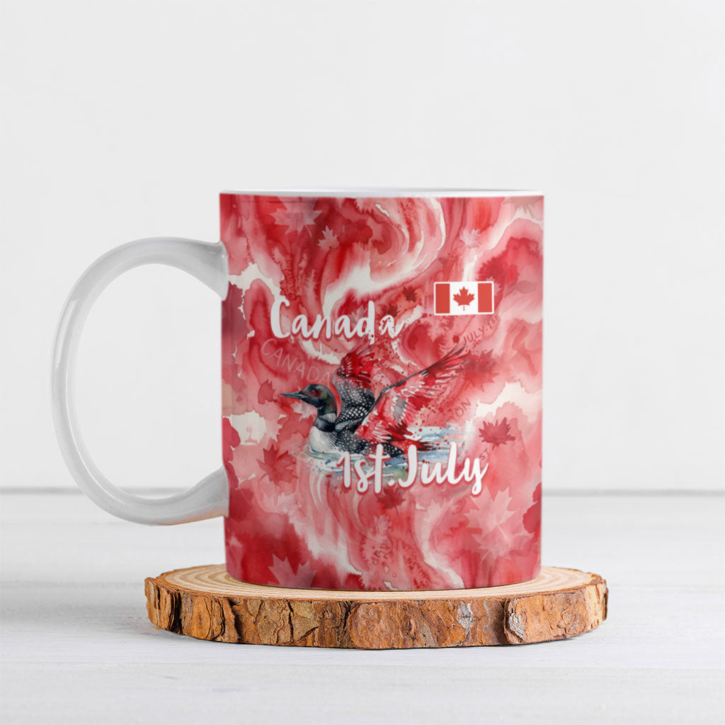 Canada Day Loon And Maple Leaf Ceramic Mug Watercolor Nature Scenery Mari Usque Ad Mare Artistic