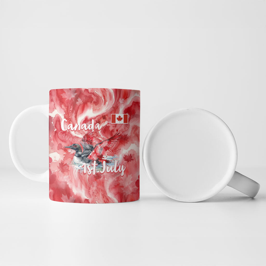 Canada Day Loon And Maple Leaf Ceramic Mug Watercolor Nature Scenery Mari Usque Ad Mare Artistic
