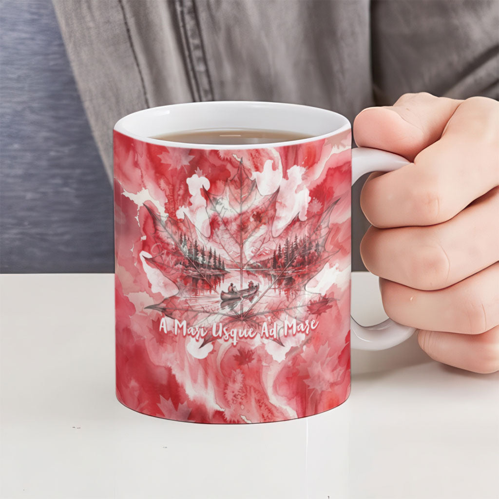 Canada Day Loon And Maple Leaf Ceramic Mug Watercolor Nature Scenery Mari Usque Ad Mare Artistic