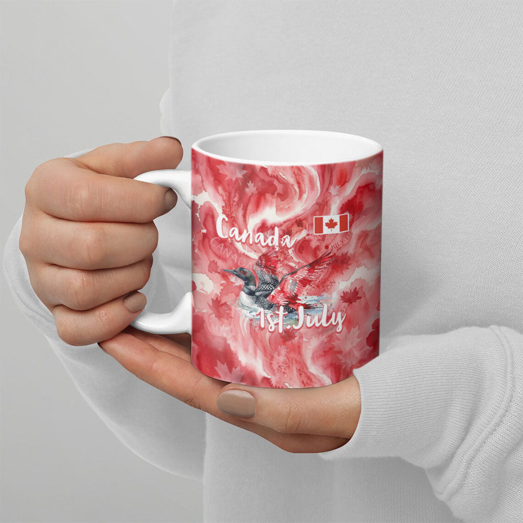 Canada Day Loon And Maple Leaf Ceramic Mug Watercolor Nature Scenery Mari Usque Ad Mare Artistic