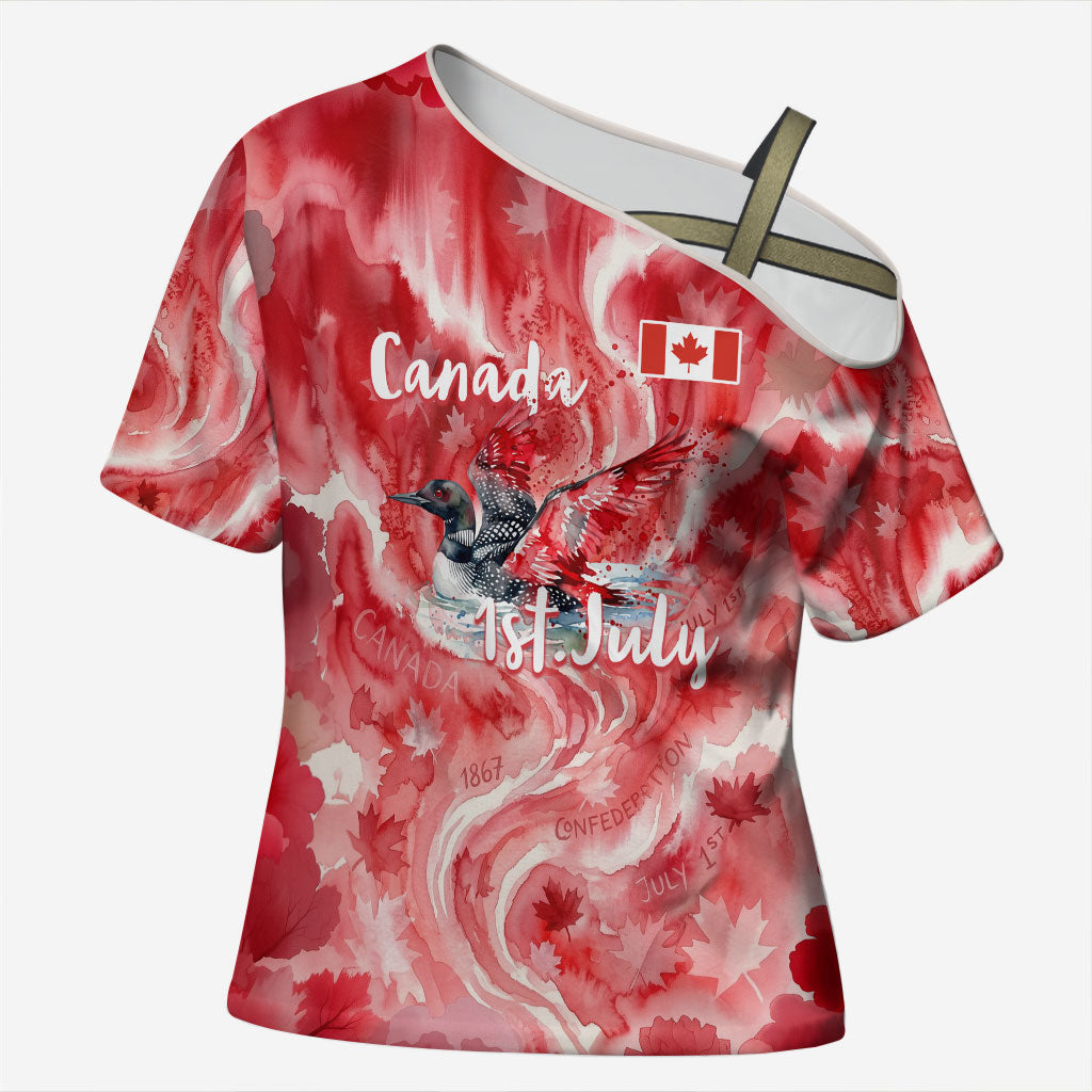 Canada Day Loon And Maple Leaf Cross Shoulder Shirt Watercolor Nature Scenery Mari Usque Ad Mare Artistic