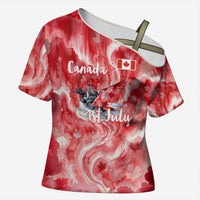 Canada Day Loon And Maple Leaf Cross Shoulder Shirt Watercolor Nature Scenery Mari Usque Ad Mare Artistic