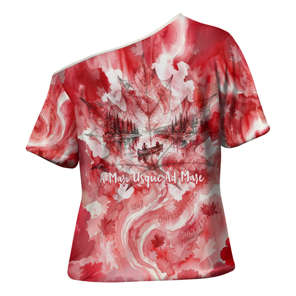 Canada Day Loon And Maple Leaf Cross Shoulder Shirt Watercolor Nature Scenery Mari Usque Ad Mare Artistic
