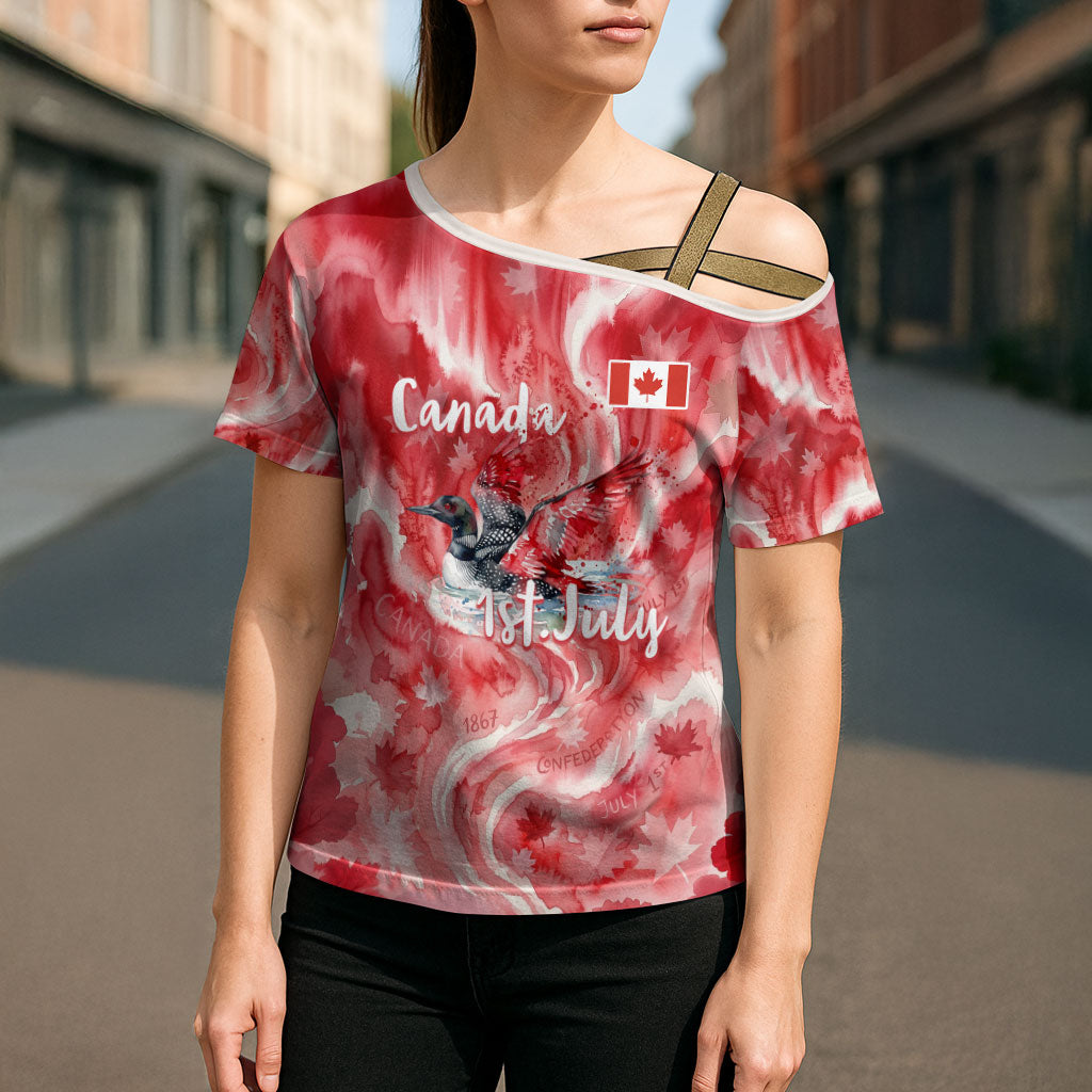 Canada Day Loon And Maple Leaf Cross Shoulder Shirt Watercolor Nature Scenery Mari Usque Ad Mare Artistic