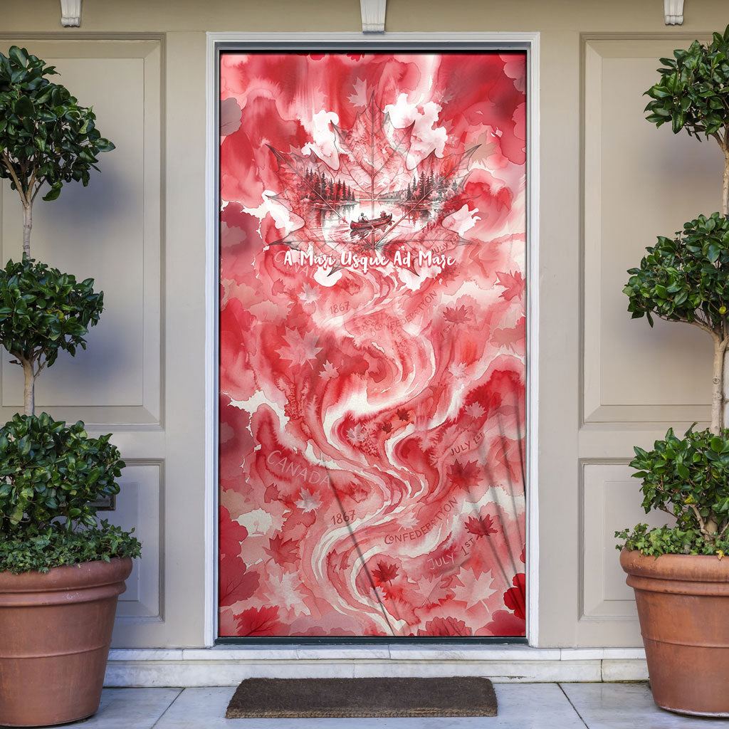 Canada Day Loon And Maple Leaf Door Cover Watercolor Nature Scenery Mari Usque Ad Mare Artistic