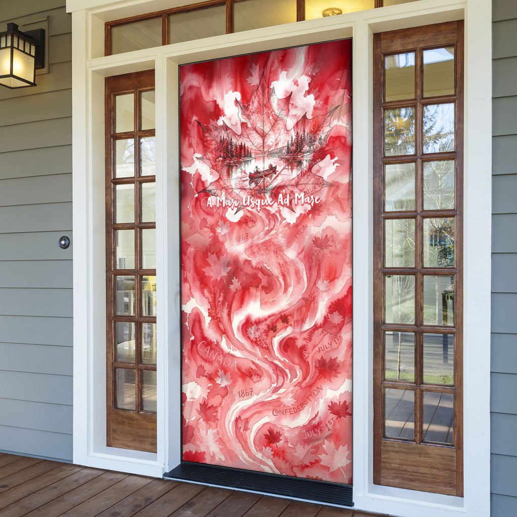 Canada Day Loon And Maple Leaf Door Cover Watercolor Nature Scenery Mari Usque Ad Mare Artistic