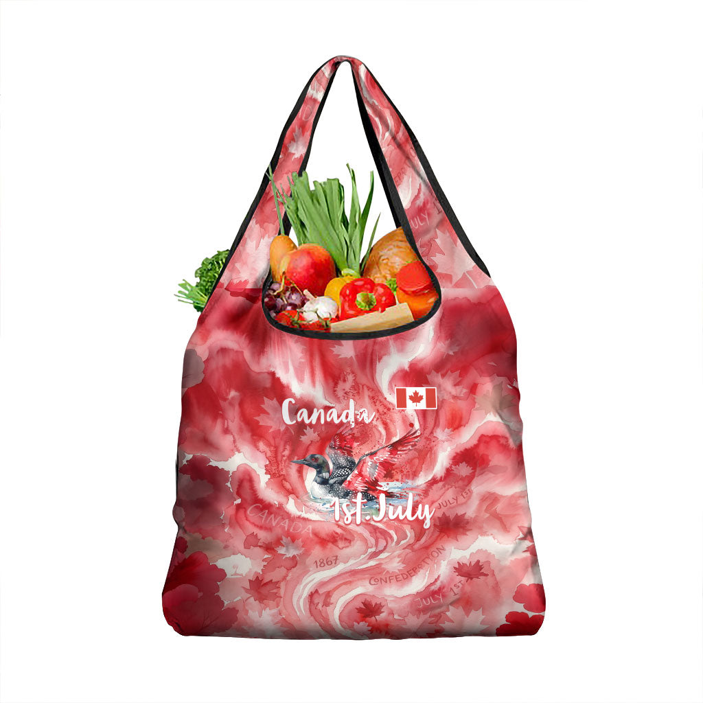 Canada Day Loon And Maple Leaf Grocery Bag Watercolor Nature Scenery Mari Usque Ad Mare Artistic