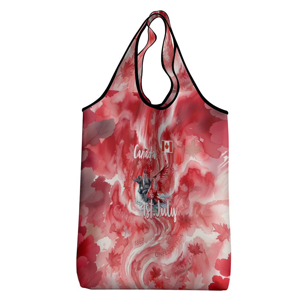 Canada Day Loon And Maple Leaf Grocery Bag Watercolor Nature Scenery Mari Usque Ad Mare Artistic