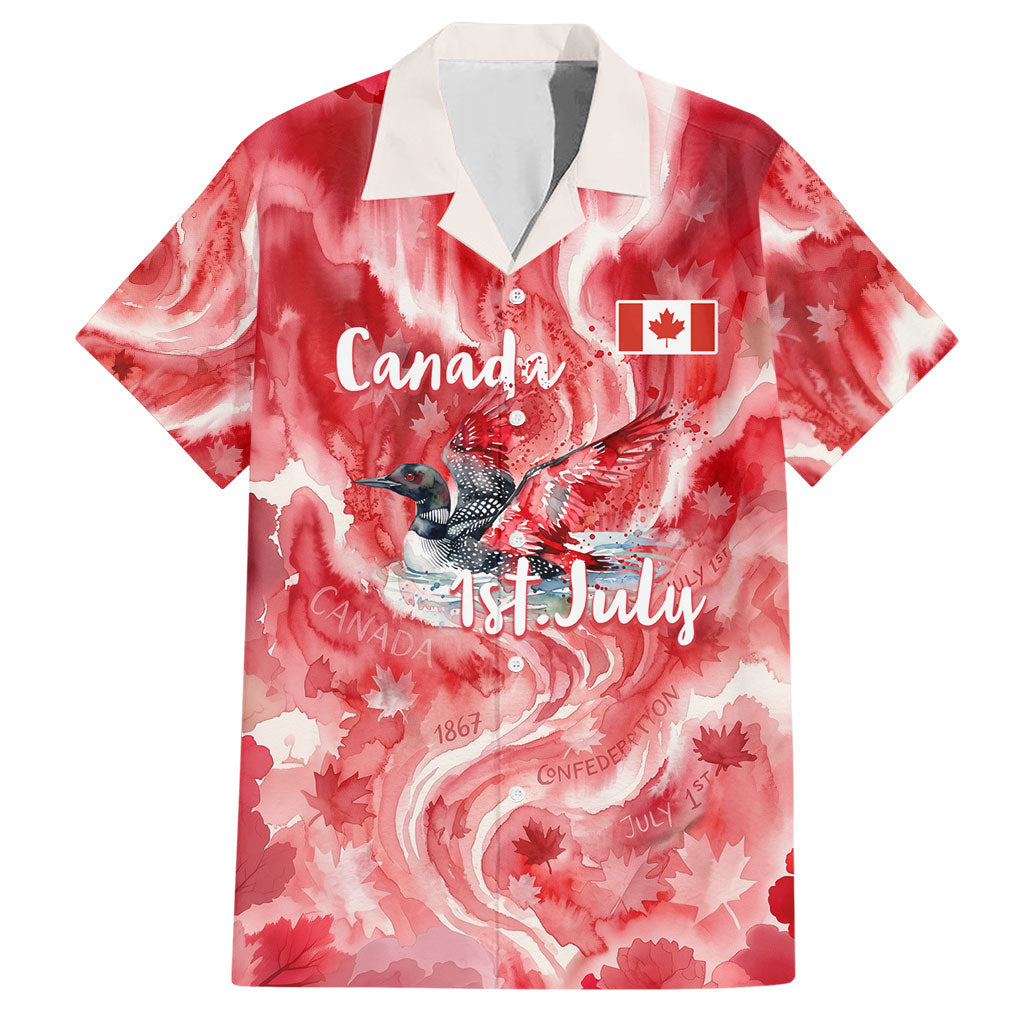 Canada Day Loon And Maple Leaf Hawaiian Shirt Watercolor Nature Scenery Mari Usque Ad Mare Artistic
