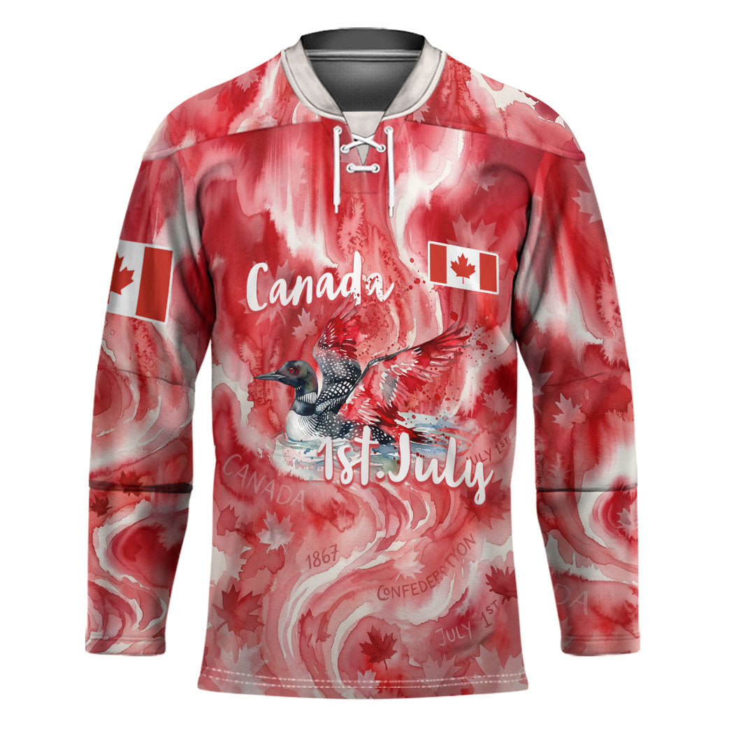 Canada Day Loon And Maple Leaf Hockey Jersey Watercolor Nature Scenery Mari Usque Ad Mare Artistic