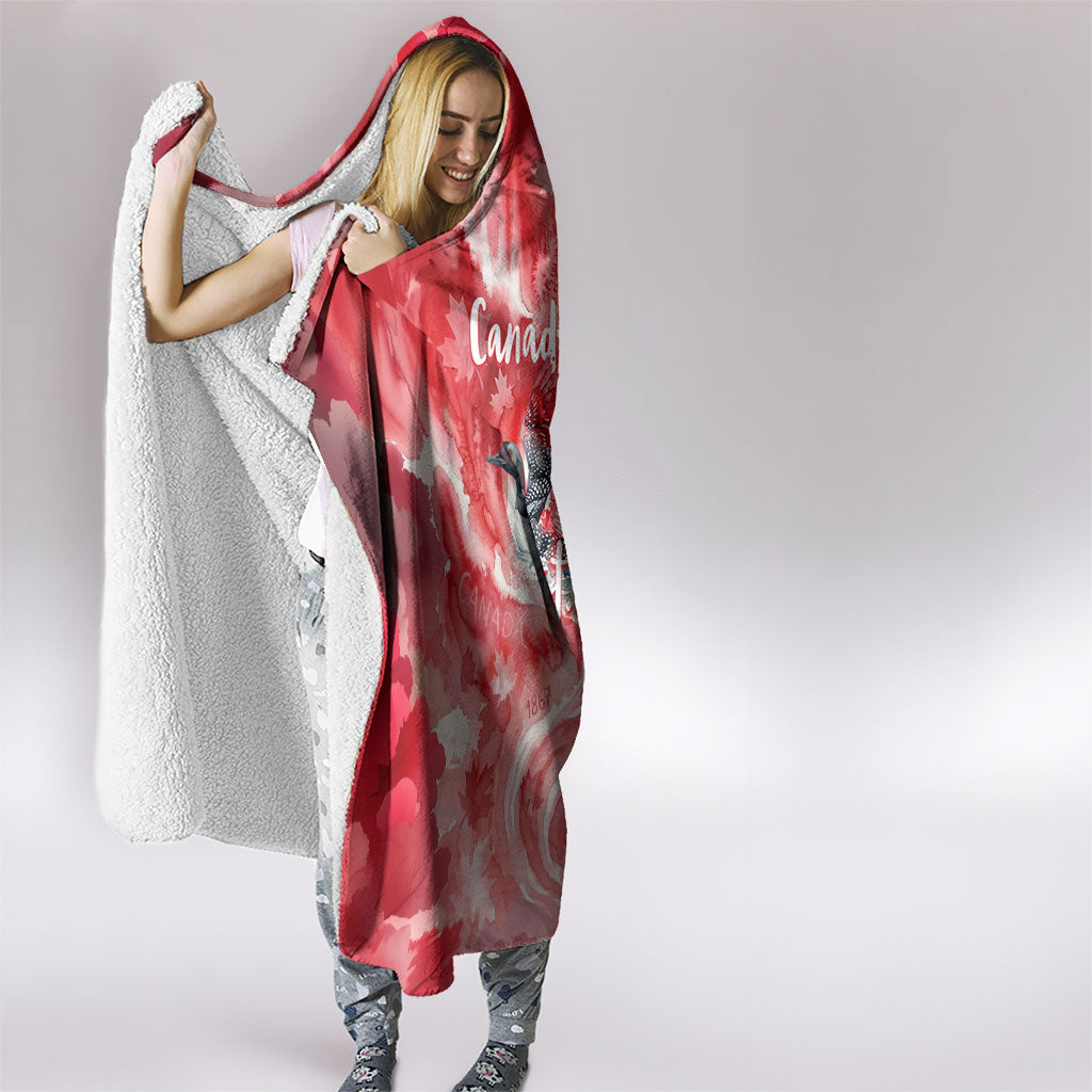 Canada Day Loon And Maple Leaf Hooded Blanket Watercolor Nature Scenery Mari Usque Ad Mare Artistic