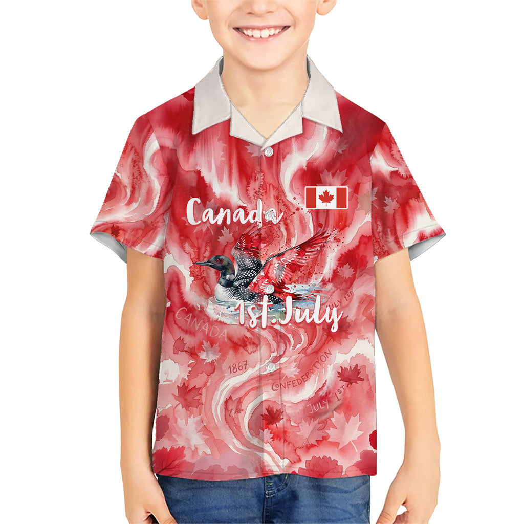 Canada Day Loon And Maple Leaf Kid Hawaiian Shirt Watercolor Nature Scenery Mari Usque Ad Mare Artistic