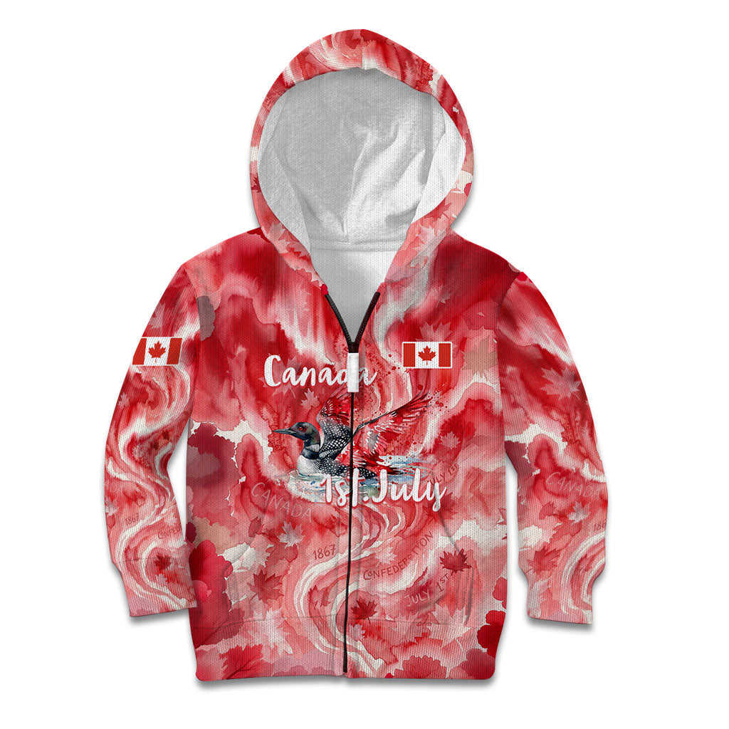 Canada Day Loon And Maple Leaf Kid Hoodie Watercolor Nature Scenery Mari Usque Ad Mare Artistic